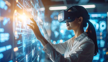 A woman wearing VR headset interacting with a virtual interface.