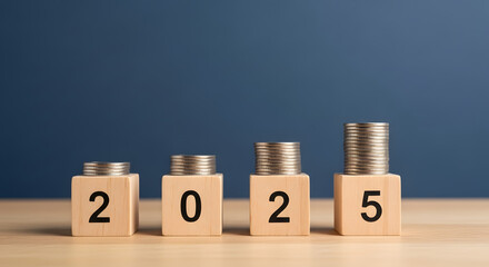 Wooden blocks with "2025" and stacked coins of increasing height, symbolizing financial growth and prosperity for the new year on a blue background.