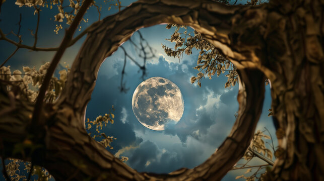 
"Tree branches framing supermoon like natural picture frame