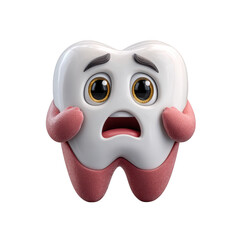 A cartoon tooth character looks worried and scared about dental problems and decay, isolated on transparent background