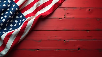 Ultra‑real folded U.S. flag, crisp stars and stripes, resting bottom‑right on red wooden surface