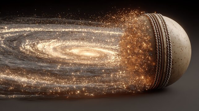 A cricket ball exploding into a galaxy of stars upon impact cosmic dust trails deep-space background surreal sci-fi sports moment 