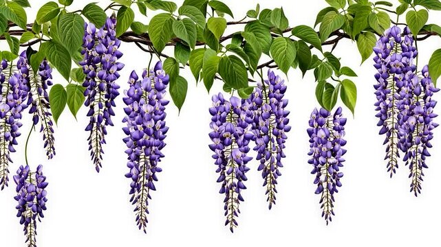 Purple wisteria blossoms cascading down branches against a white background