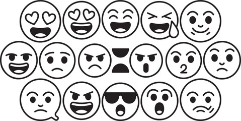 Black and White Emoticon Faces with Various Emotions for Social and Messaging Projects