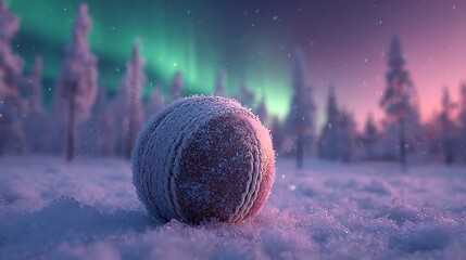 A cricket bat and ball made of glowing ice frozen tundra battlefield aurora borealis in the sky magical winter sports art
