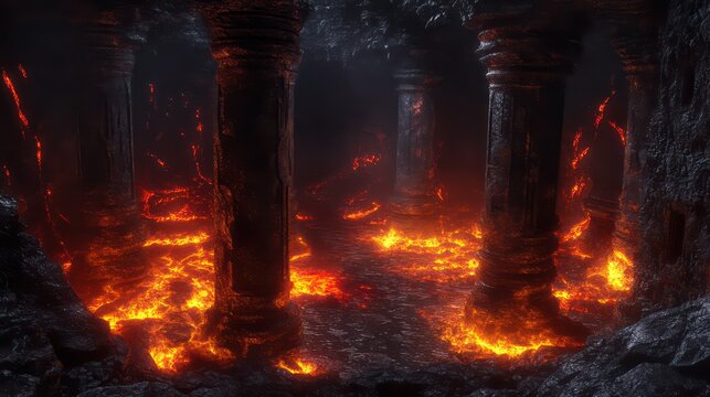 Ancient Columns in a Fiery Volcanic Cavern - Powered by Adobe