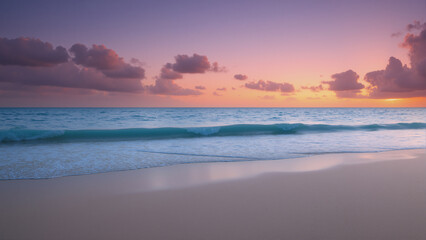 The sandy beach in the evening has waves against a background of sky and sunlight.