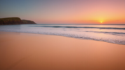 The sandy beach in the evening has waves against a background of sky and sunlight.