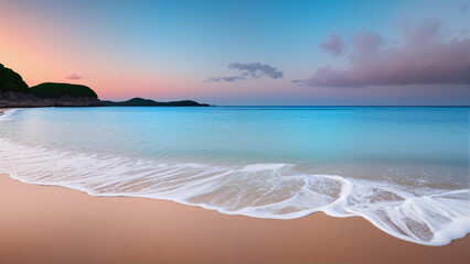 The sandy beach in the evening has waves against a background of sky and sunlight.