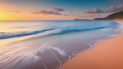 The sandy beach in the evening has waves against a background of sky and sunlight.