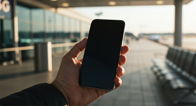 Smartphone in hand at airport terminal