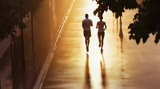Fitness focused pair running parallel along tree shaded street, sunlight illuminating healthy morning exercise routine