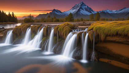 Beautiful waterfall in the forest. Twilight with sunlight.