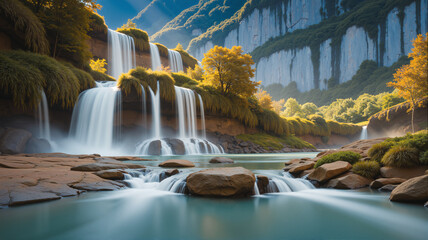 Beautiful waterfall in the mossy rainforest. The forest is full of green trees. AI generated.