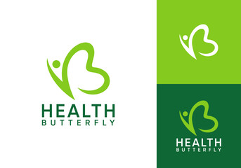 happy people with love butterfly logo. health beauty line art vector design concept