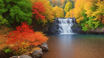 Beautiful waterfall in the forest during autumn season. The leaves start to turn yellow and red.AI generated.