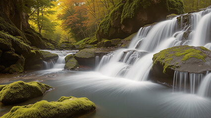Beautiful waterfall in the mossy rainforest. The forest is full of green trees. AI generated.