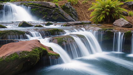 Beautiful waterfall in the mossy rainforest. The forest is full of green trees. AI generated.