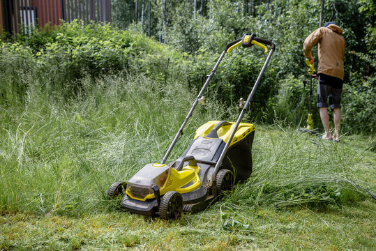 Electric lawn mower cutting tall grass in a forest garden during summer