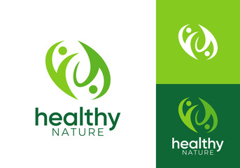 success happy people with leaf nature health care logo vector design concept