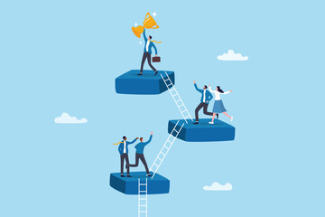 Ladder of success, climbing corporate ladder to reach success, employee hierarchy progress, leadership achievement aspiration, motivation, business people climbing ladder to reach top career success. © Nuthawut