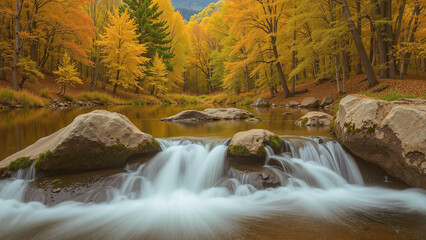 Beautiful waterfall in the forest during autumn season. The leaves start to turn yellow and red.AI generated.