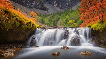 Beautiful waterfall in the forest during autumn season. The leaves start to turn yellow and red.AI generated.