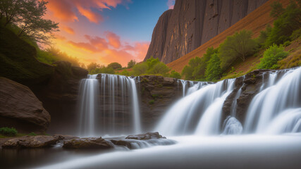 Beautiful waterfall in the forest. Twilight with sunlight.