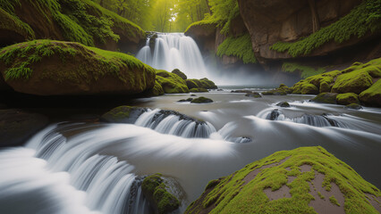 Beautiful waterfall in the mossy rainforest. The forest is full of green trees. AI generated.
