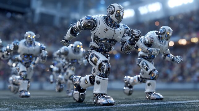 A team of robotic cricket players in a metallic stadium chrome reflections digital HUD overlays high-tech dystopian sports scene 