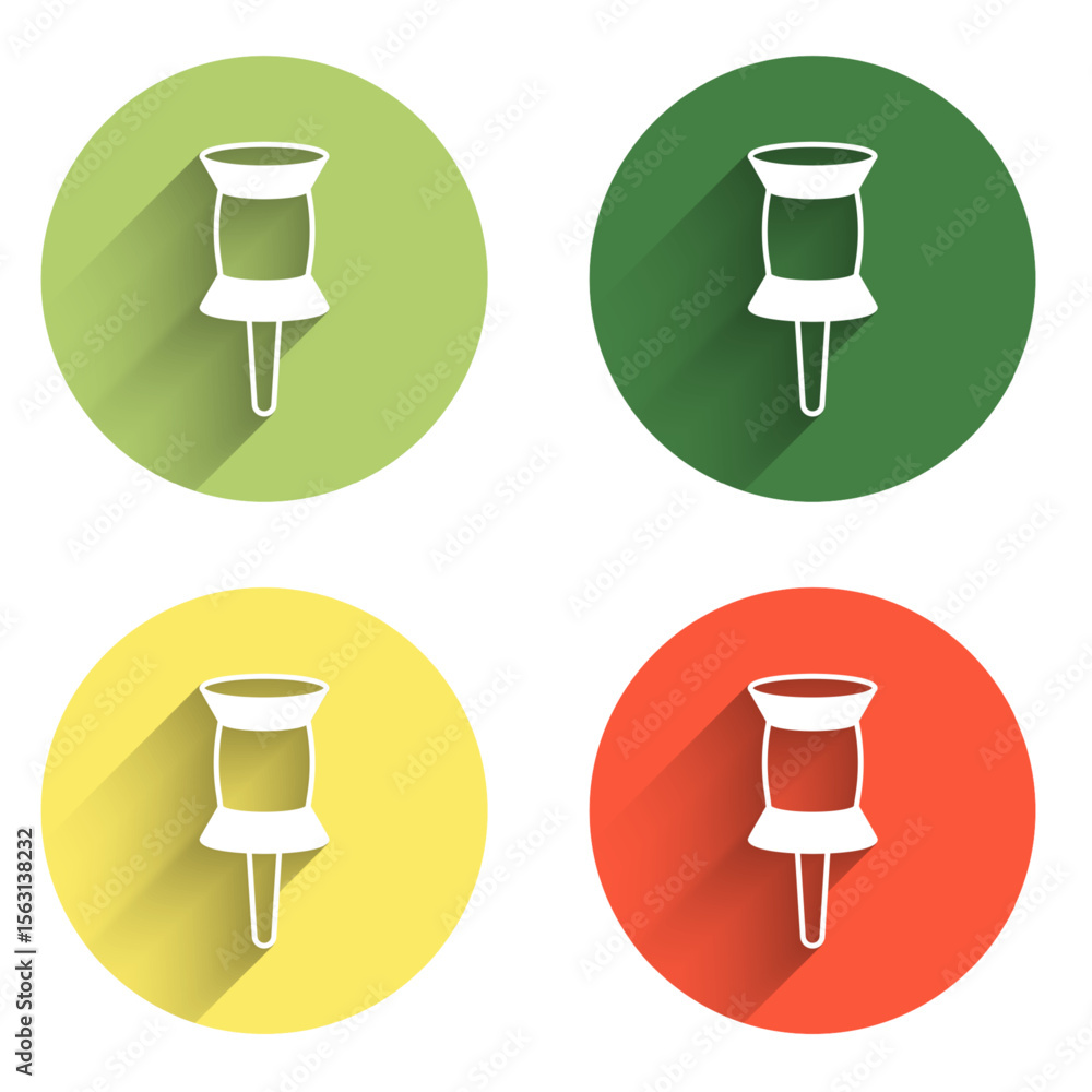Aufkleber set push pin icon isolated with long shadow background. thumbtacks sign. color circle button. vector