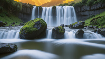Beautiful waterfall in the forest. Twilight with sunlight.