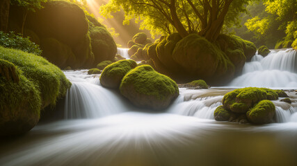 Beautiful waterfall in the forest. Twilight with sunlight.