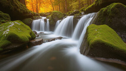 Beautiful waterfall in the forest. Twilight with sunlight.