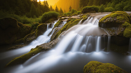 Beautiful waterfall in the forest. Twilight with sunlight.