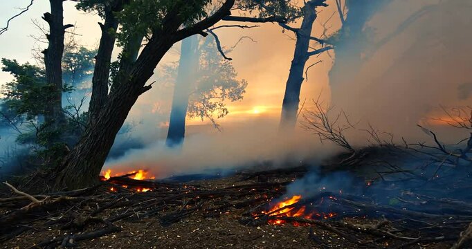 Majestic sunset behind trees engulfed in smoke from a nearby wildfire, showcasing nature's fury