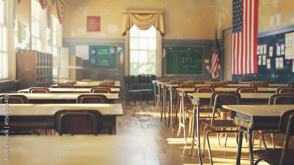 Poster desks and chairs in a typical classroom setting