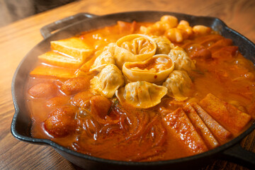 Delicious and Flavorful Korean Budae Jjigae Hot Pot with Tteokbokki and Dumplings