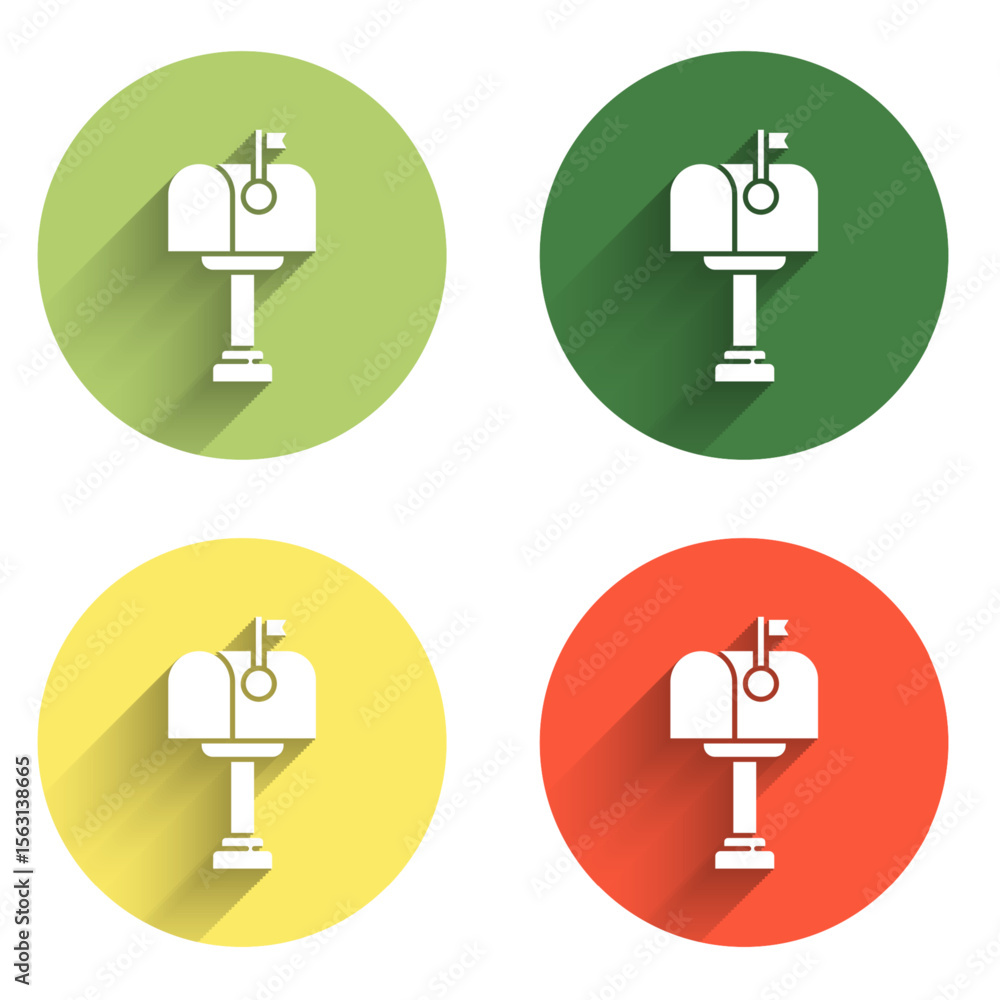 Poster set mail box icon isolated with long shadow background. mailbox icon. mail postbox on pole with flag
