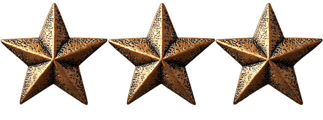 Three Vintage Bronze Stars Isolated on Transparent Background for Ratings Decor or Retro Design

