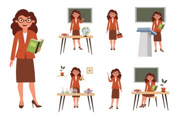 Set of teacher characters in different educational activities in the classroom during the day. Set for animation. Vector illustration in flat style on white background.