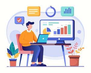 Man working on laptop and computer with data charts and analytics