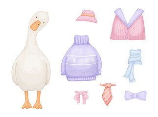 Cute silly watercolor goose and clothes constructor, children s illustration isolated on a white background, funny art for baby