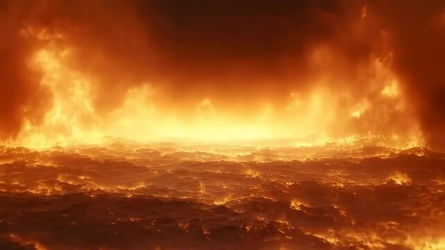 Raging firestorm engulfing a barren desert landscape