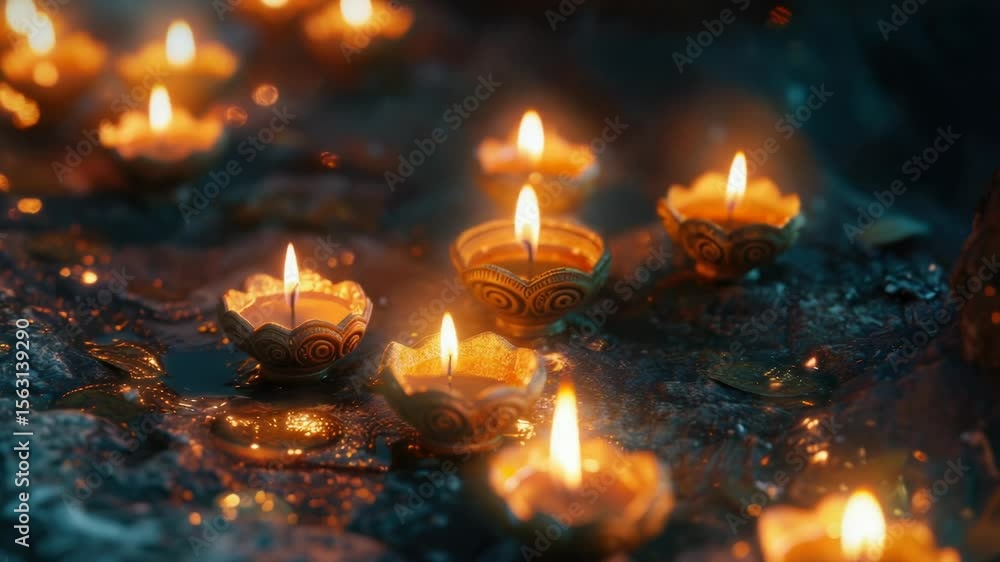 Poster A collection of lit candles sitting on a table, perfect for adding ambiance to any setting