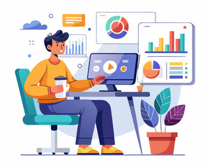 Fototapeta premium Man working at desk with charts and graphs on computer screens