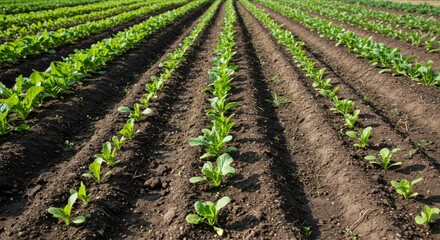 rows of fresh green crops in farmland