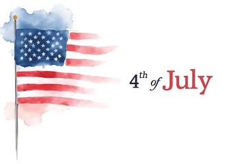 Watercolor U.S. flag flowing down left side with soft strokes and “4th Of JULY” text in pink on right.









