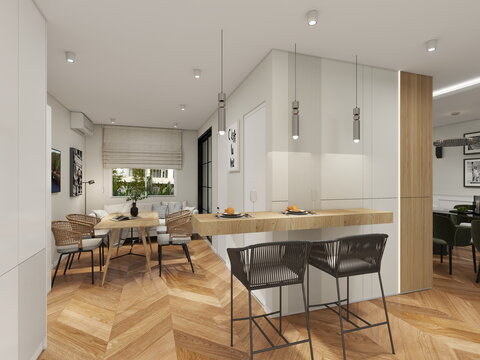 casa moderna con cocina abierta con barra 