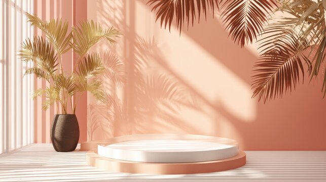 Minimalist interior with soft peach walls, sunlight casting palm leaf shadows, and a round white platform beside a large black vase holding green palm plants.